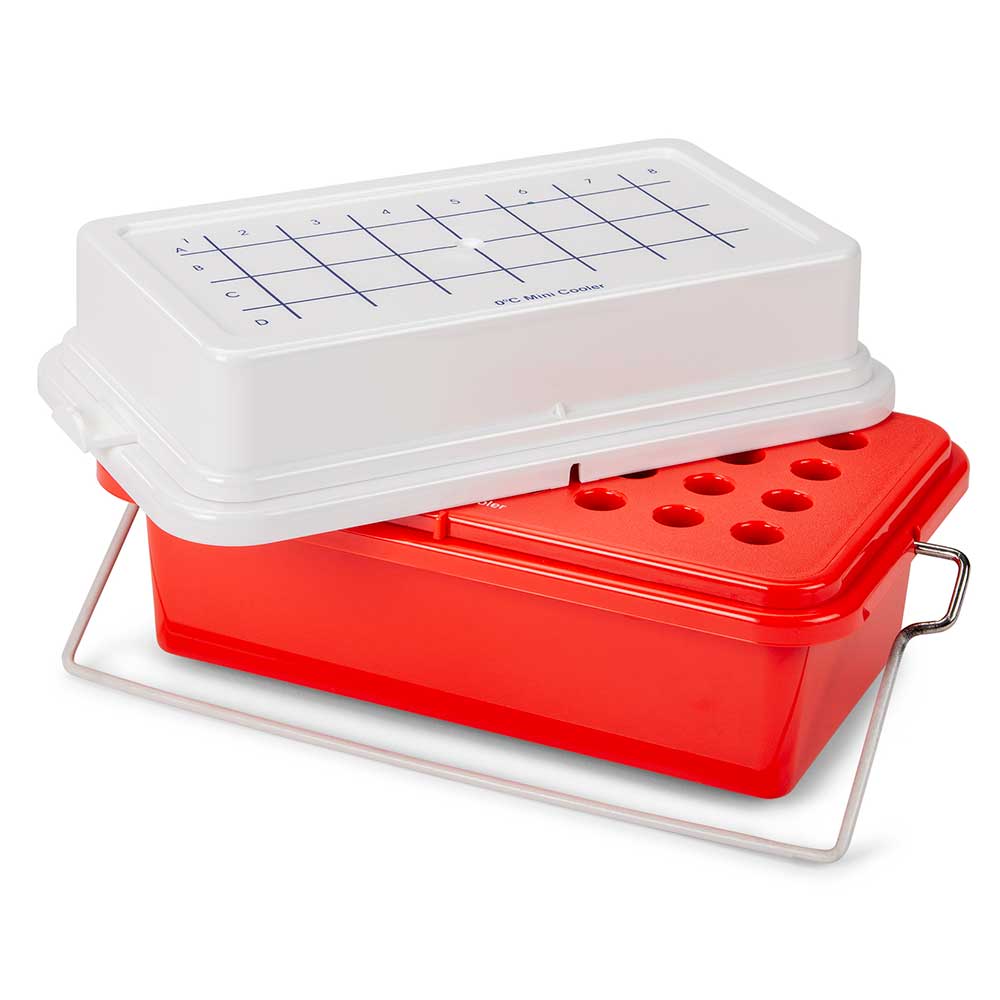 Globe Scientific CryoCool Mini Cooler, 0°C, 32-Place (4x8) for 1.5mL Tubes, Red, with Gel Filled Cover Cooler; Chiller; polycarbonate cooler; cryogenic cooler; 0°C